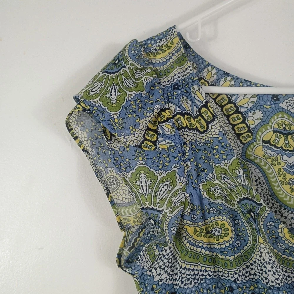 BCBG MAXAZRIA Women's Vintage Paisley Dress Size 8 Green Blue Sheer Y2K Chiffon
